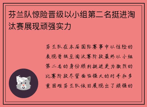 芬兰队惊险晋级以小组第二名挺进淘汰赛展现顽强实力