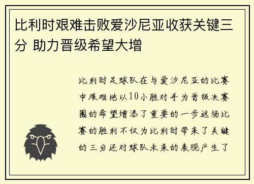 比利时艰难击败爱沙尼亚收获关键三分 助力晋级希望大增
