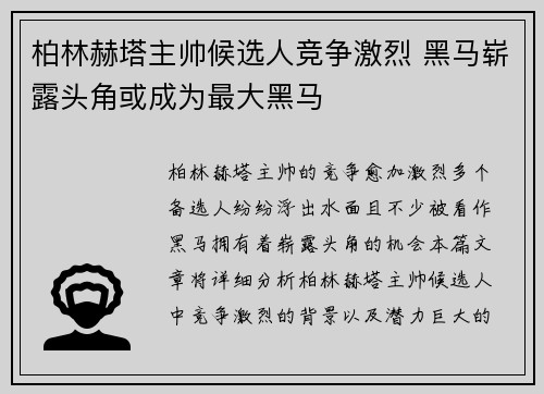 柏林赫塔主帅候选人竞争激烈 黑马崭露头角或成为最大黑马